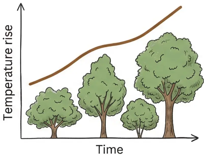 Temperature rise and urban forest illustration